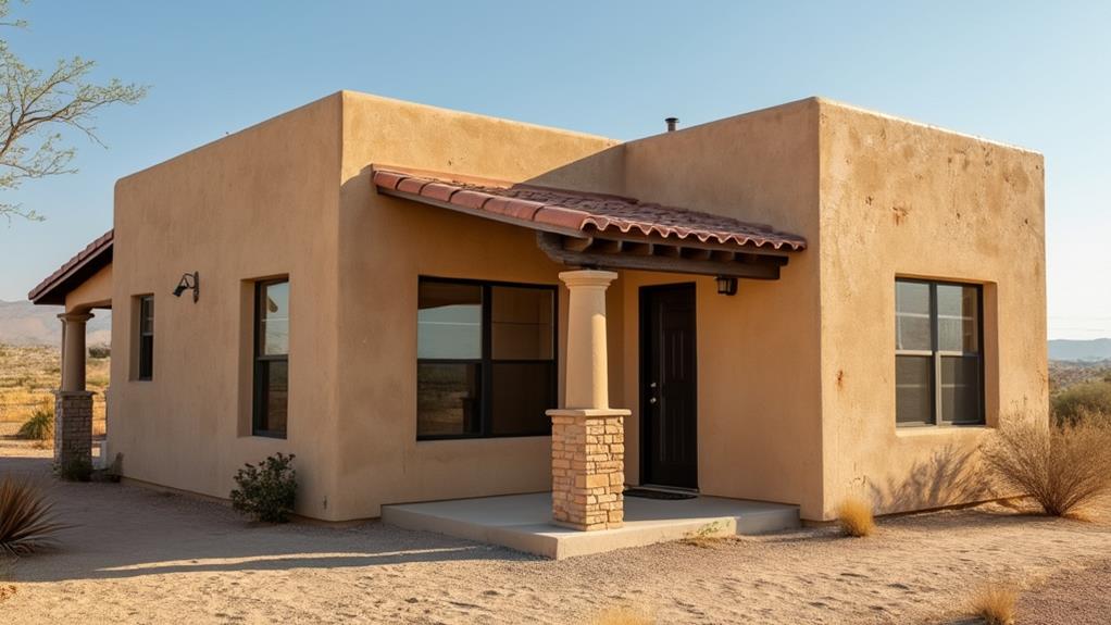 A single-story stucco house with a terracotta tile roof, located in a dry climate.