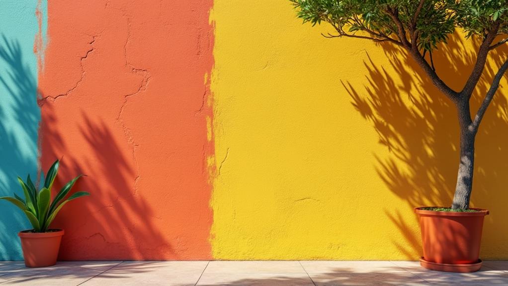 A colorful wall with potted plants, highlighting the potential for fading and staining in stucco.