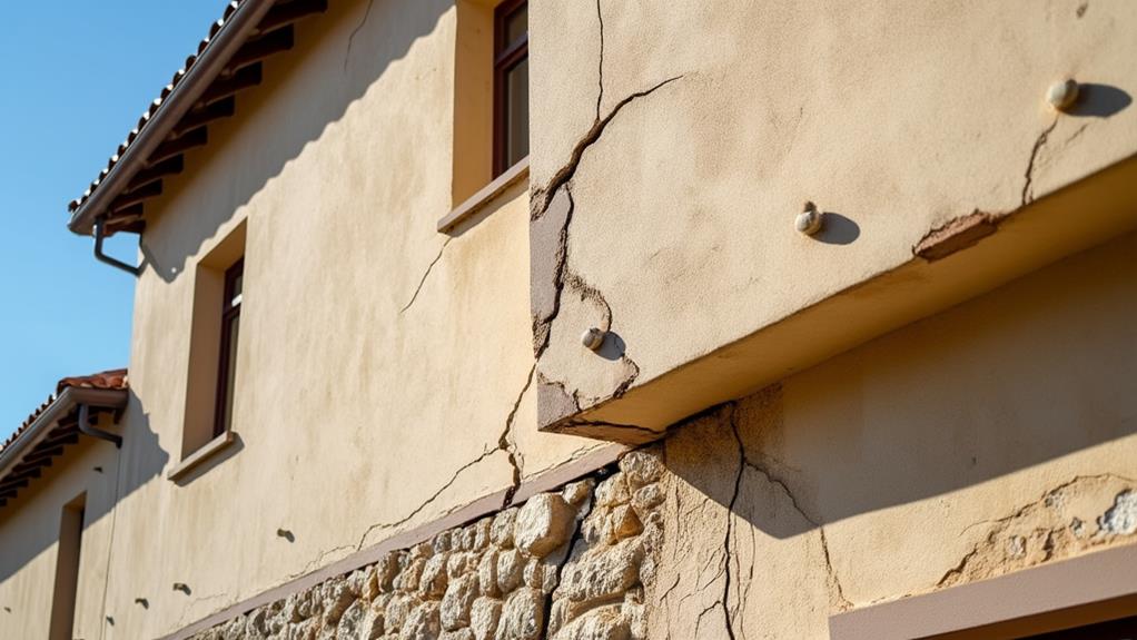 A stucco house with significant cracks in the exterior wall, with damage from a dry climate.