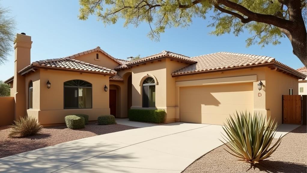 A stucco house with a terracotta tile roof, located in a dry climate.






